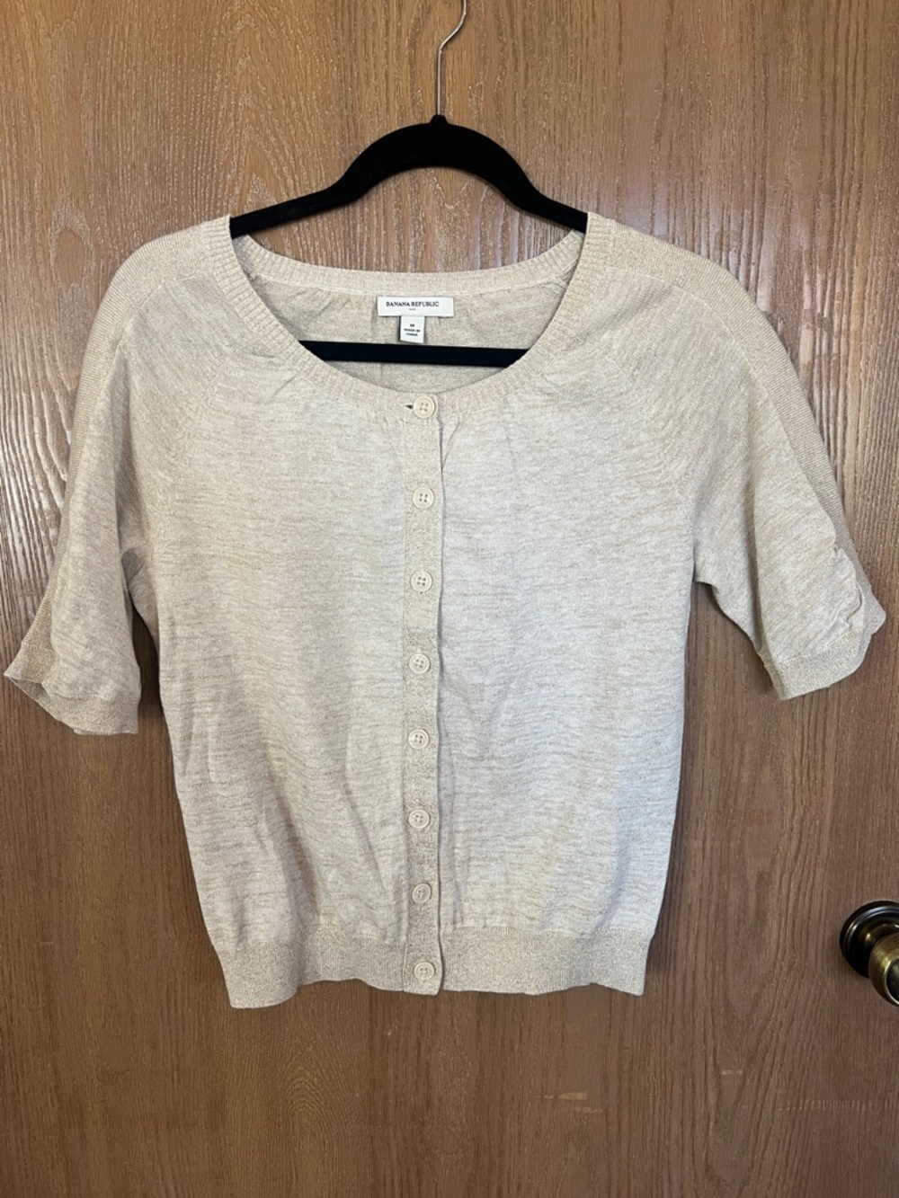 Banana Republic Light Beige Short-Sleeve Button Cardigan with Gold Thread Detail